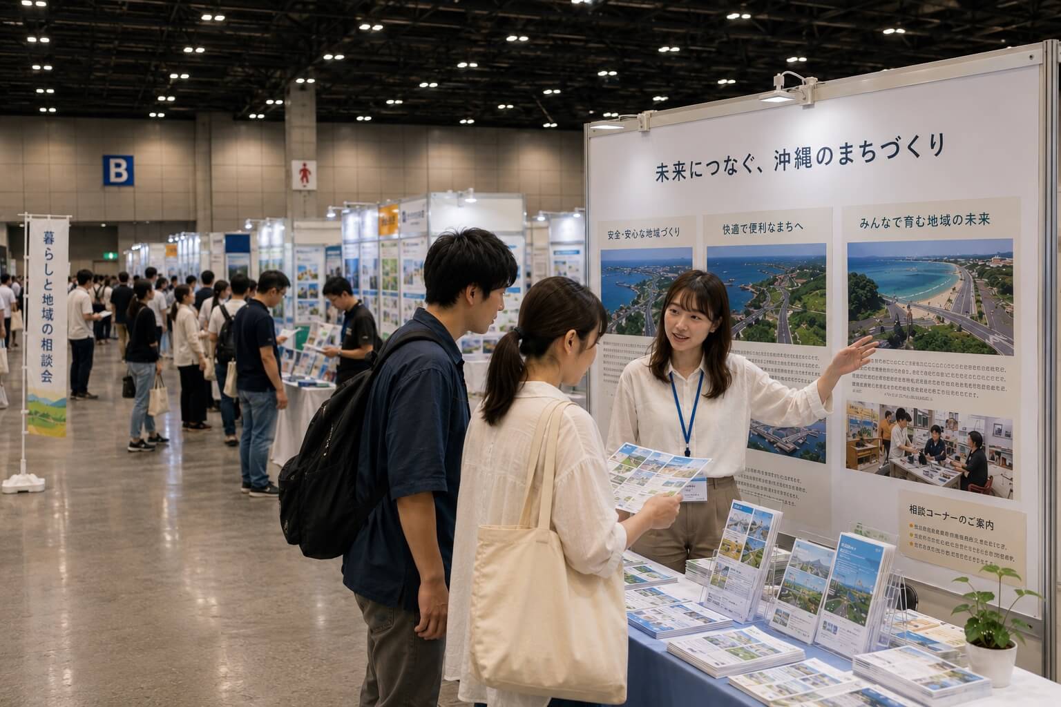 公共事業の地域イベントで来場者へ案内している様子